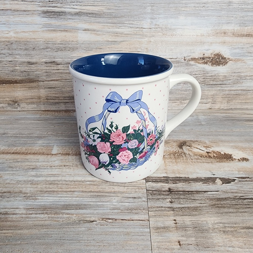 Vintage 1993 Creative Concepts Flower Basket Mug Blue Interior Polka Dot Korea